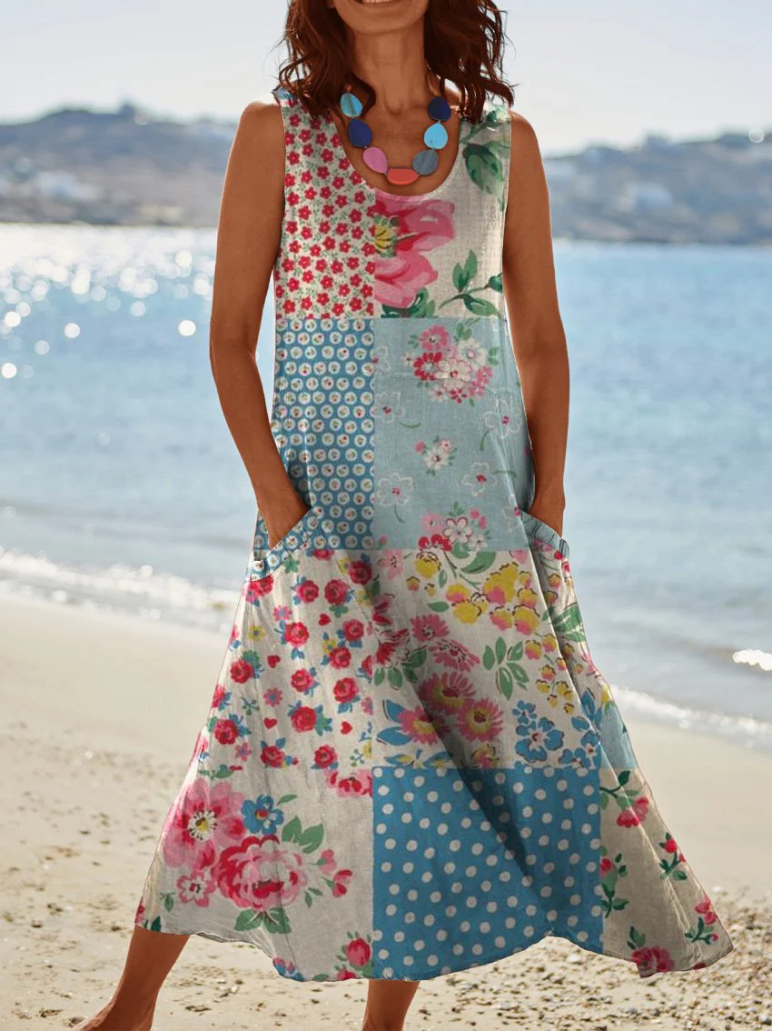 Vintage Patchwork Sleeveless Midi Dress (Buy 2 Free Shipping)