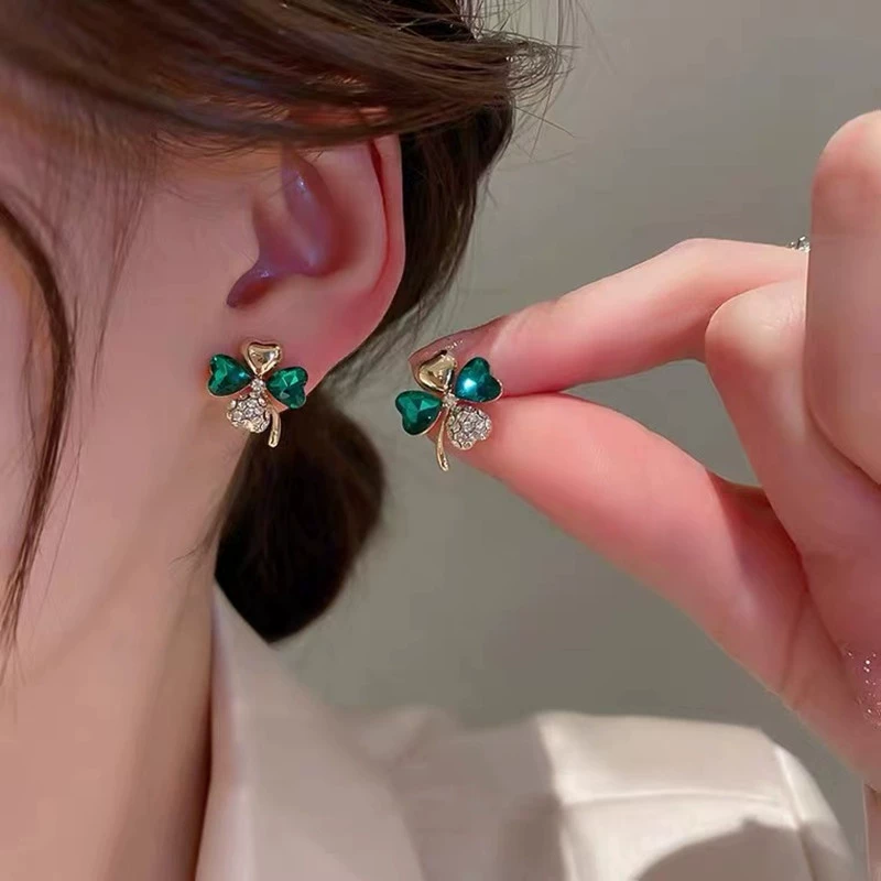 Gold-Plated Green Crystal Clover Earrings with Zircon Accents