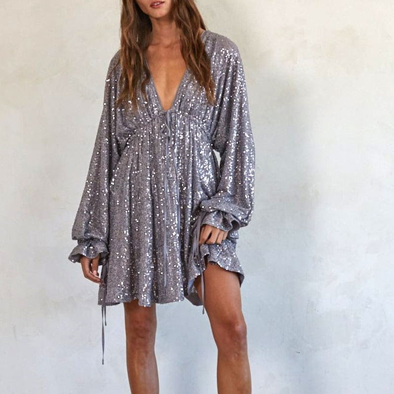 Relaxed Sequin V-Neck Drawstring Lantern Sleeve Dress (Buy 2 Free Shipping)