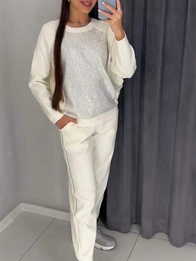 Cozy Knit Set with Sequin Panel Pullover and Tapered Pants (Buy 2 Free Shipping)