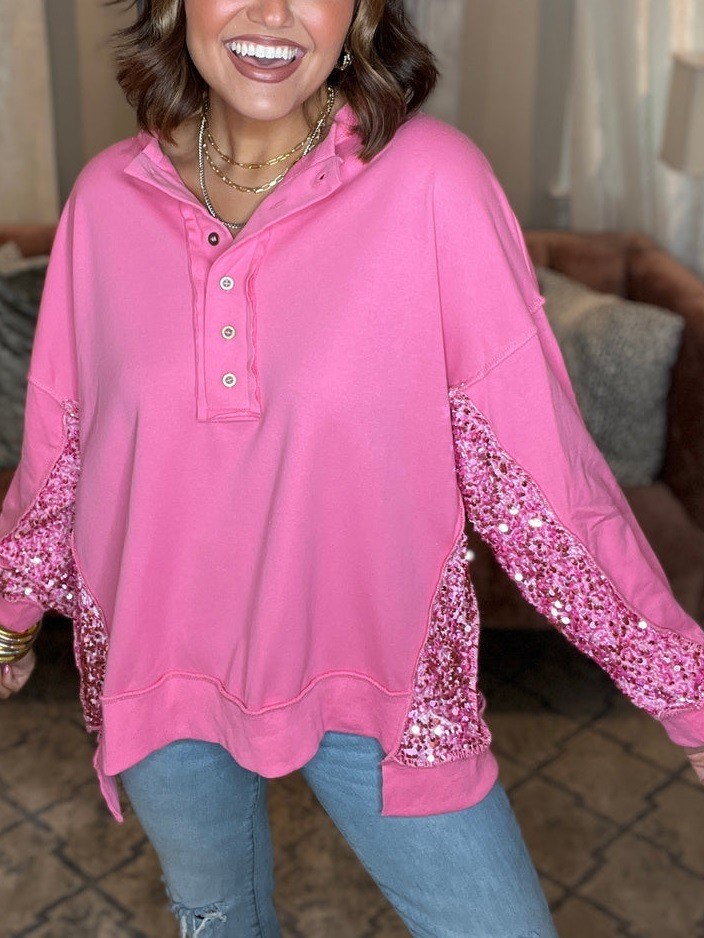 Shiny Sequin Henley Sweatshirt (Buy 2 Free Shipping)