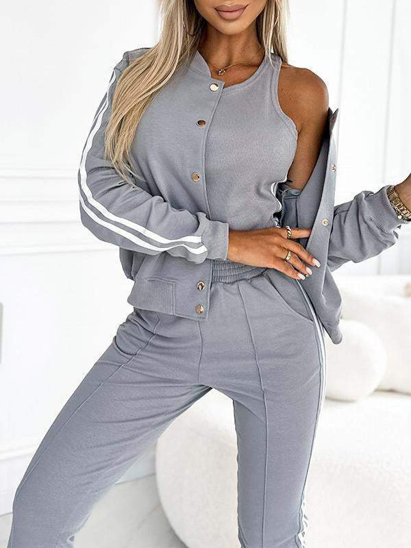Casual Striped Trim Jacket and Tank 3-Piece Set (Buy 2 Free Shipping)
