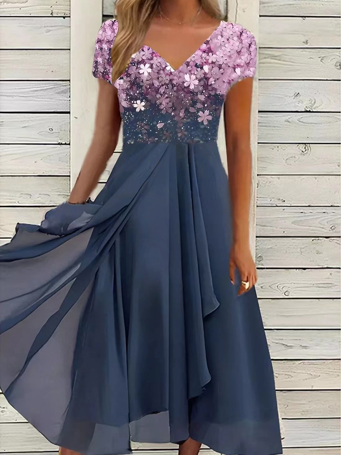 Gradient Printed V Neck Midi Dress (Buy 2 Free Shipping)