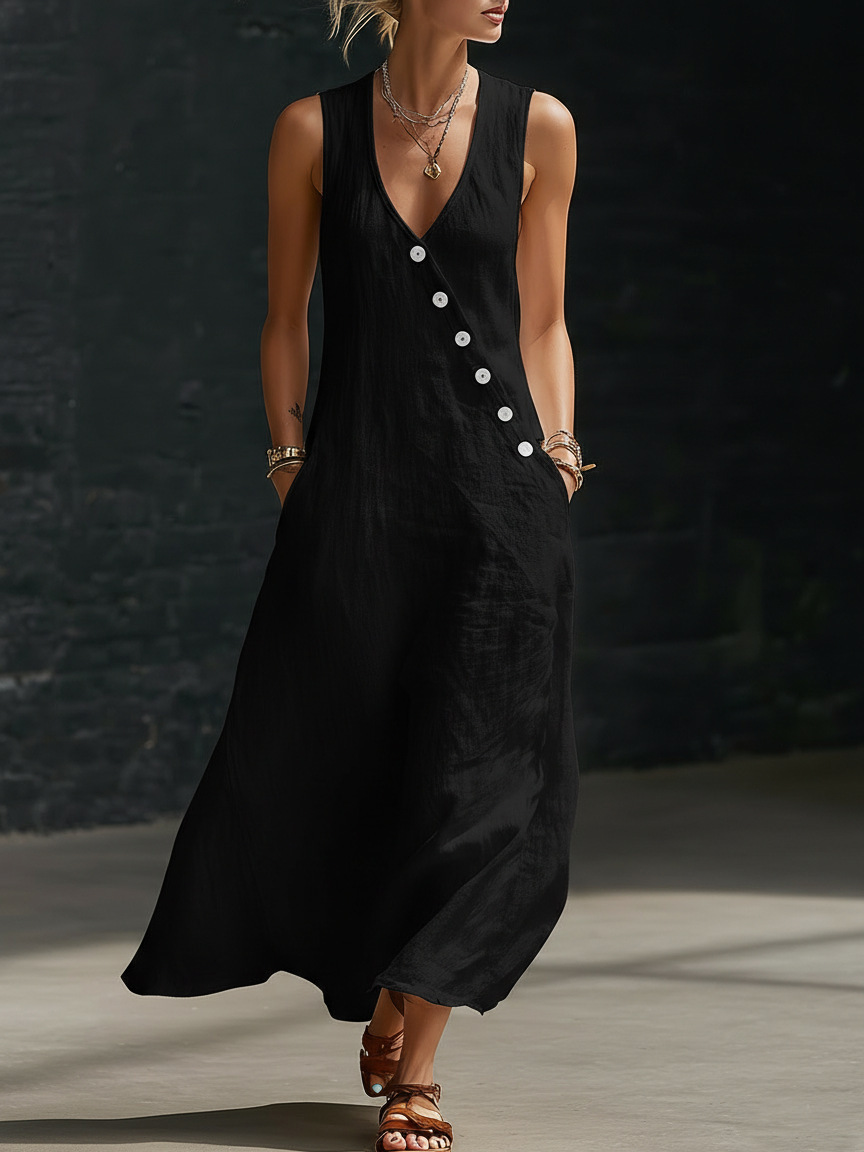 [PL] Sleeveless V-Neck Button Detail A-Line Maxi Dress