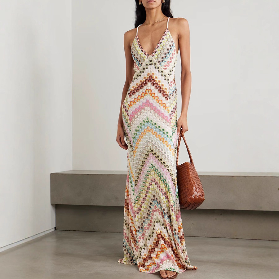 [PL] Multicolor Crochet-Look Open-Back Maxi Dress