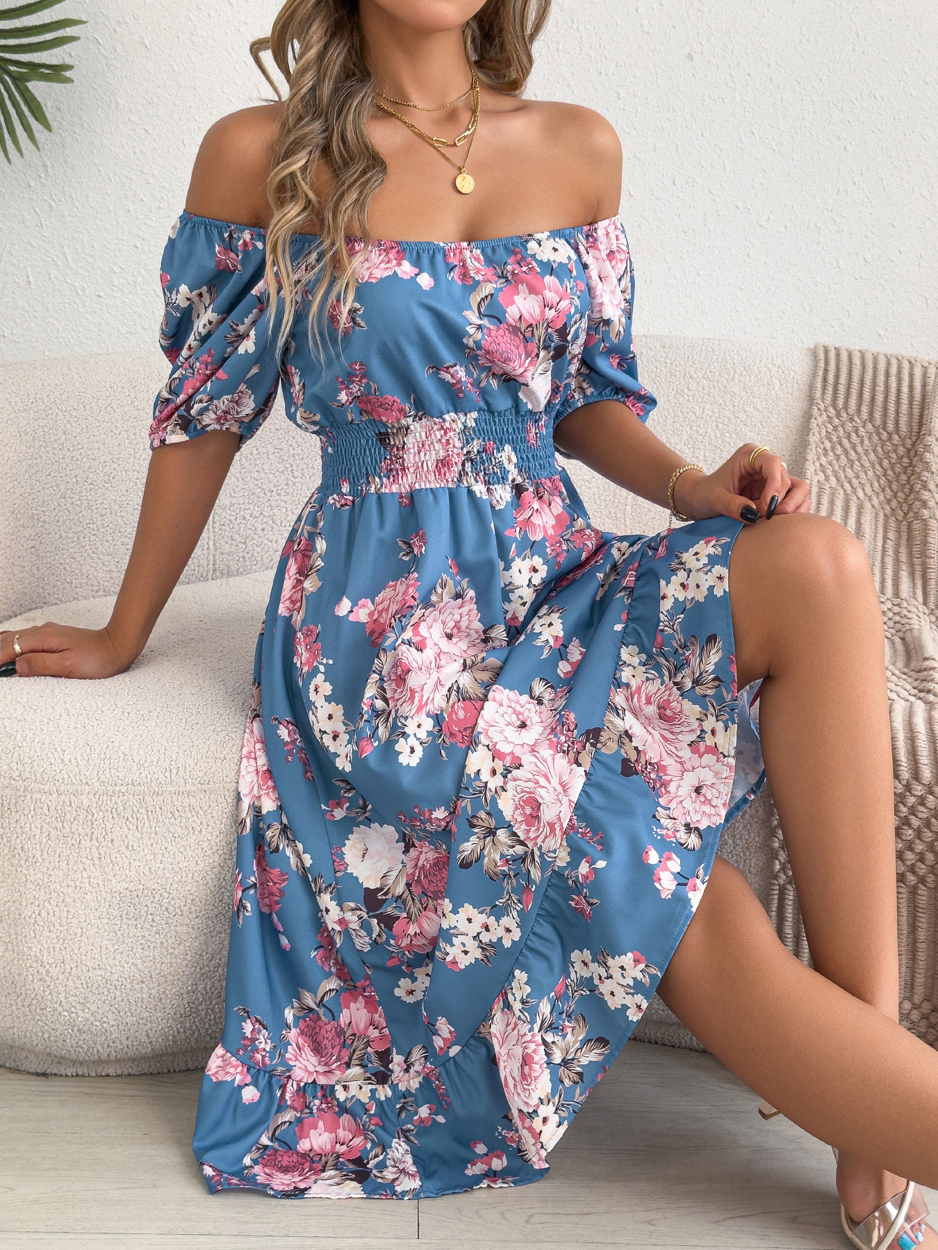 [PL] Floral Smocked Waist Puff Sleeve Midi Dress