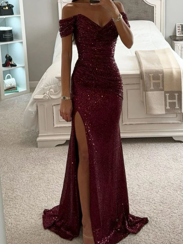 Sequin Off-Shoulder Maxi Dress Elegant Evening Glamour (Buy 2 Free Shipping)