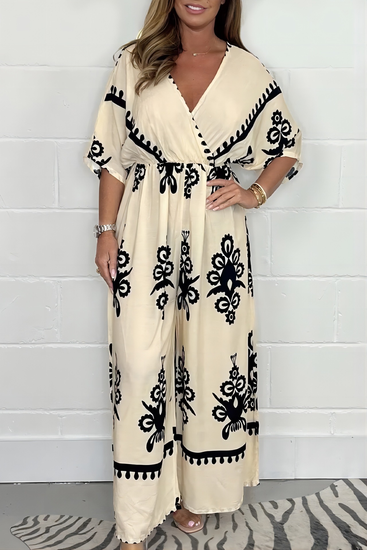 Elegant Boho V Neck Printed Wide Leg Jumpsuit (Buy 2 Free Shipping)