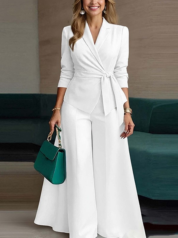 Elegant Tie Waist Blazer and Wide Leg Pants Set (Buy 2 Free Shipping)