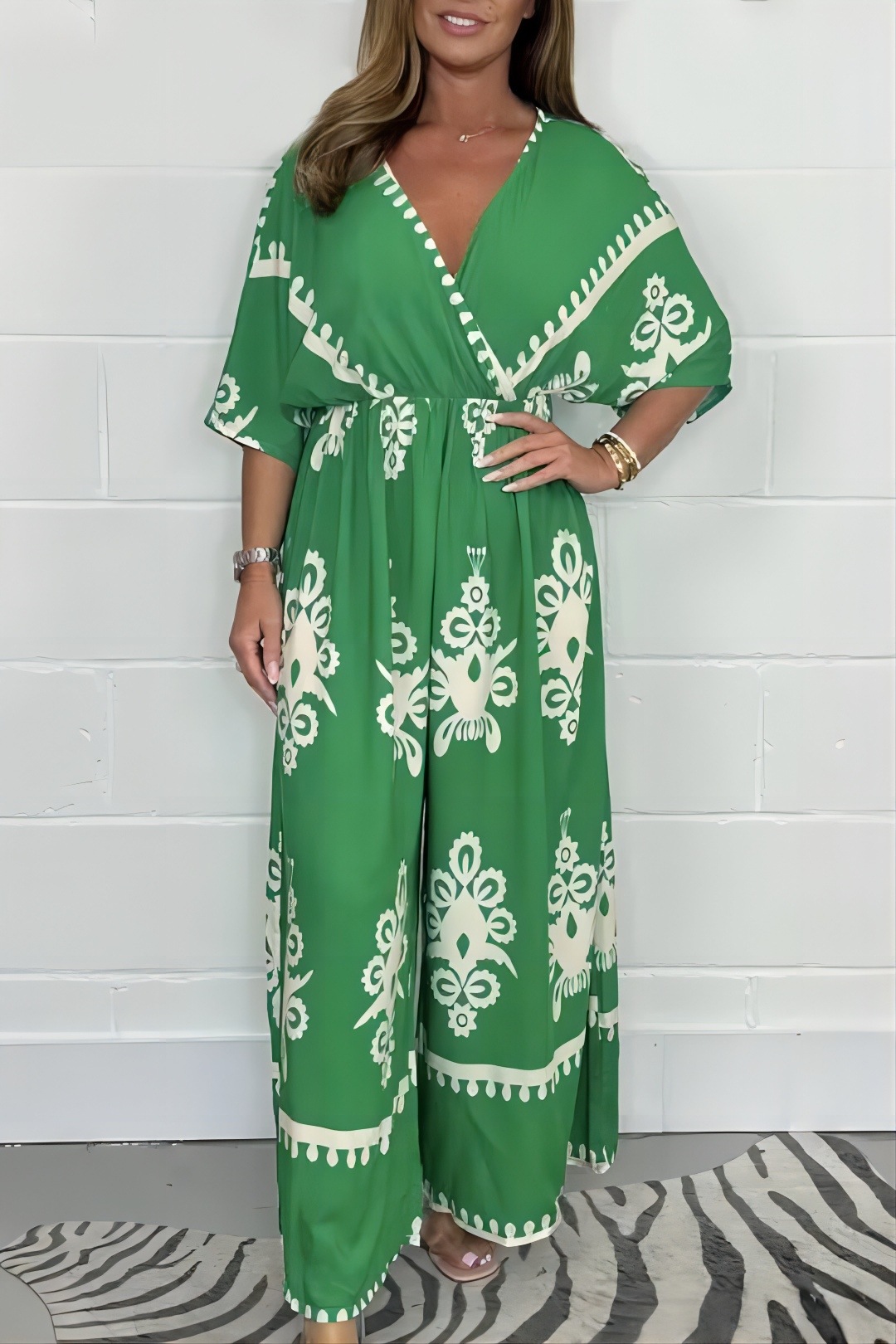 Elegant Boho V Neck Printed Wide Leg Jumpsuit (Buy 2 Free Shipping)