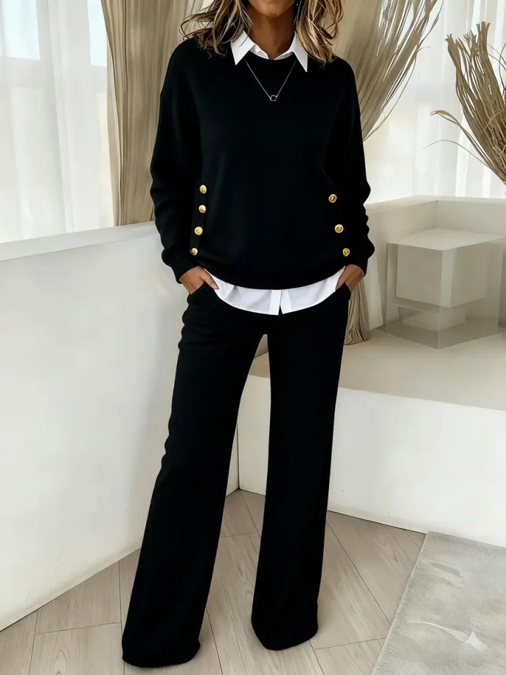 Elegant Layered Faux Shirt Knit Top and Wide-Leg Pants Set (Buy 2 Free Shipping)