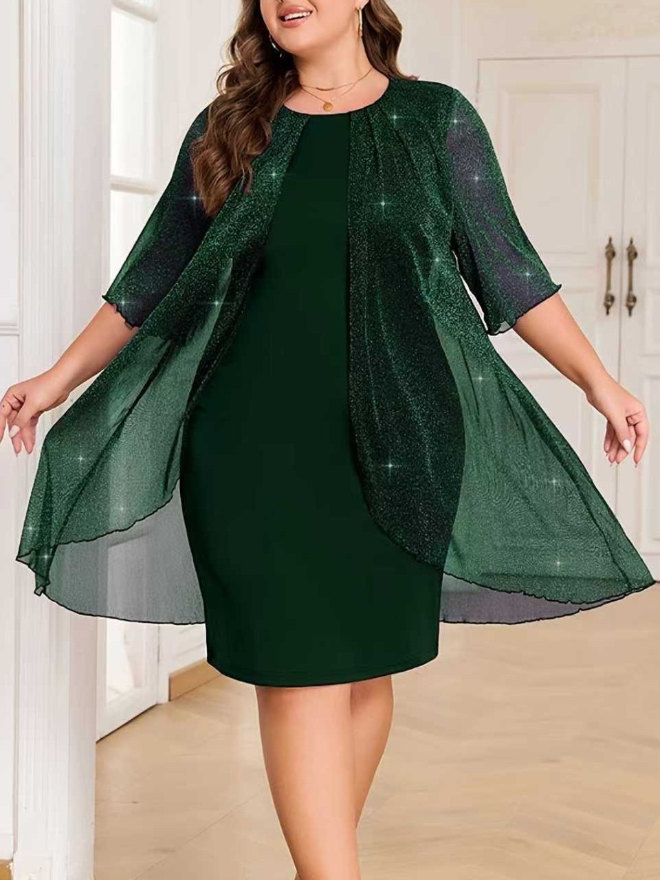 Elegant Cape Overlay Two-Piece Midi Dress (Buy 2 Free Shipping)