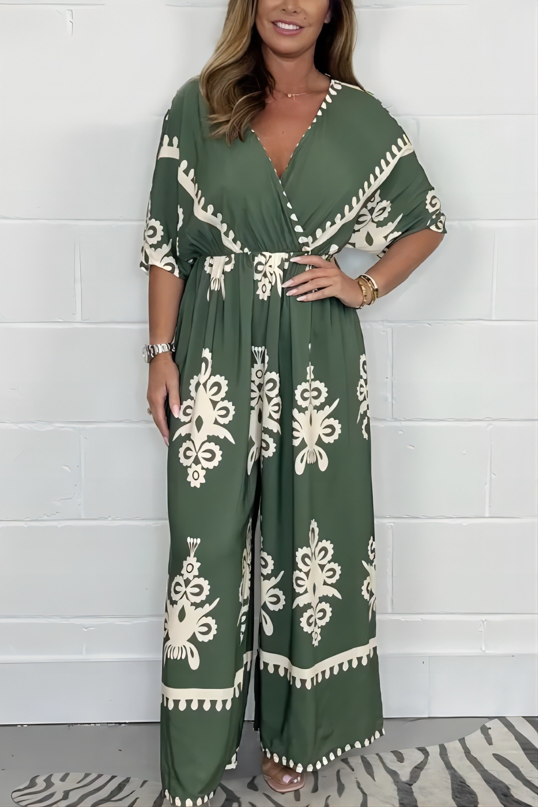 Elegant Boho V Neck Printed Wide Leg Jumpsuit (Buy 2 Free Shipping)