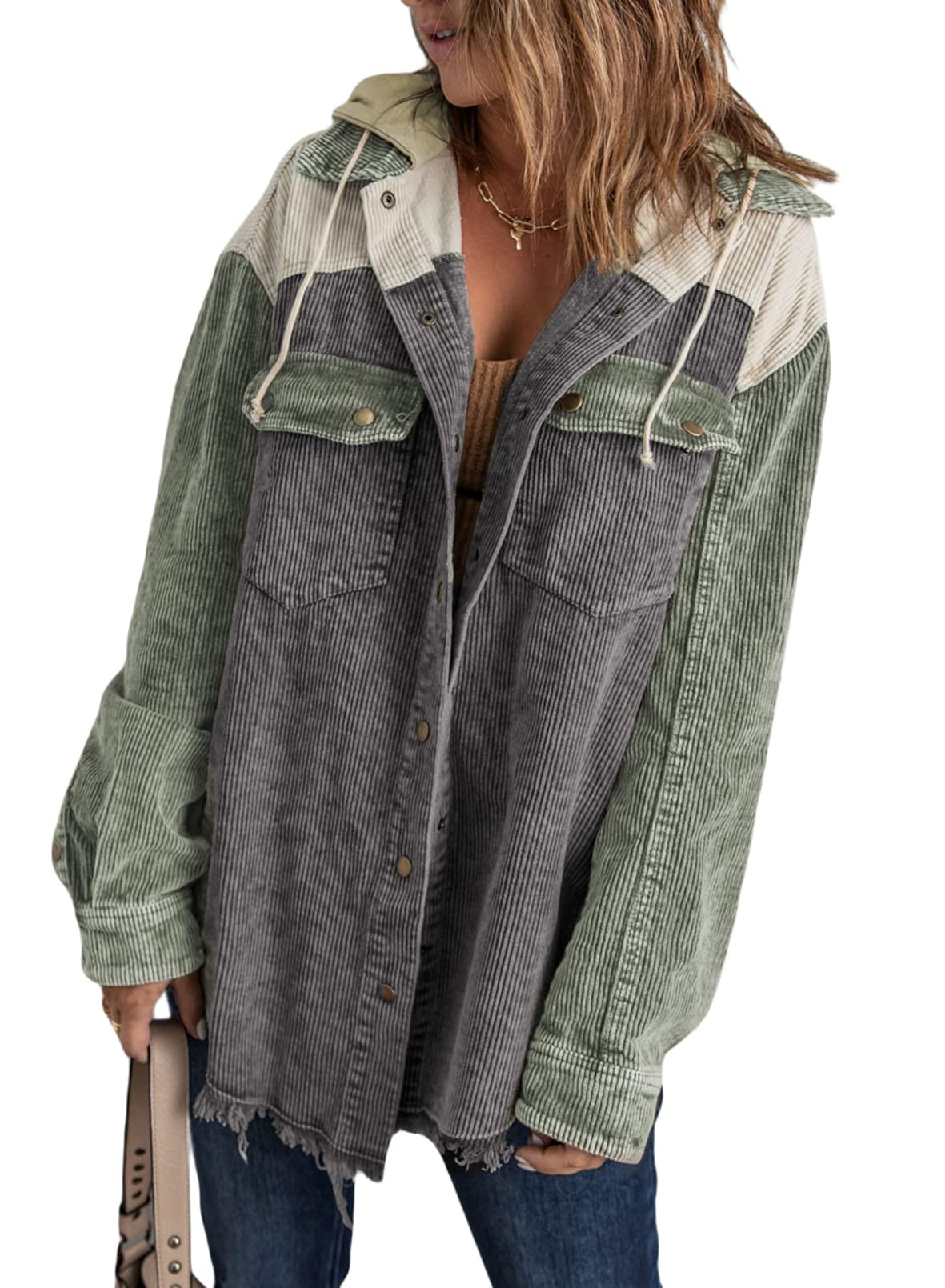 2024 Fall Long Sleeve Button Down Color Block Corduroy Hooded Jacket(BUY 2 10% OFF)