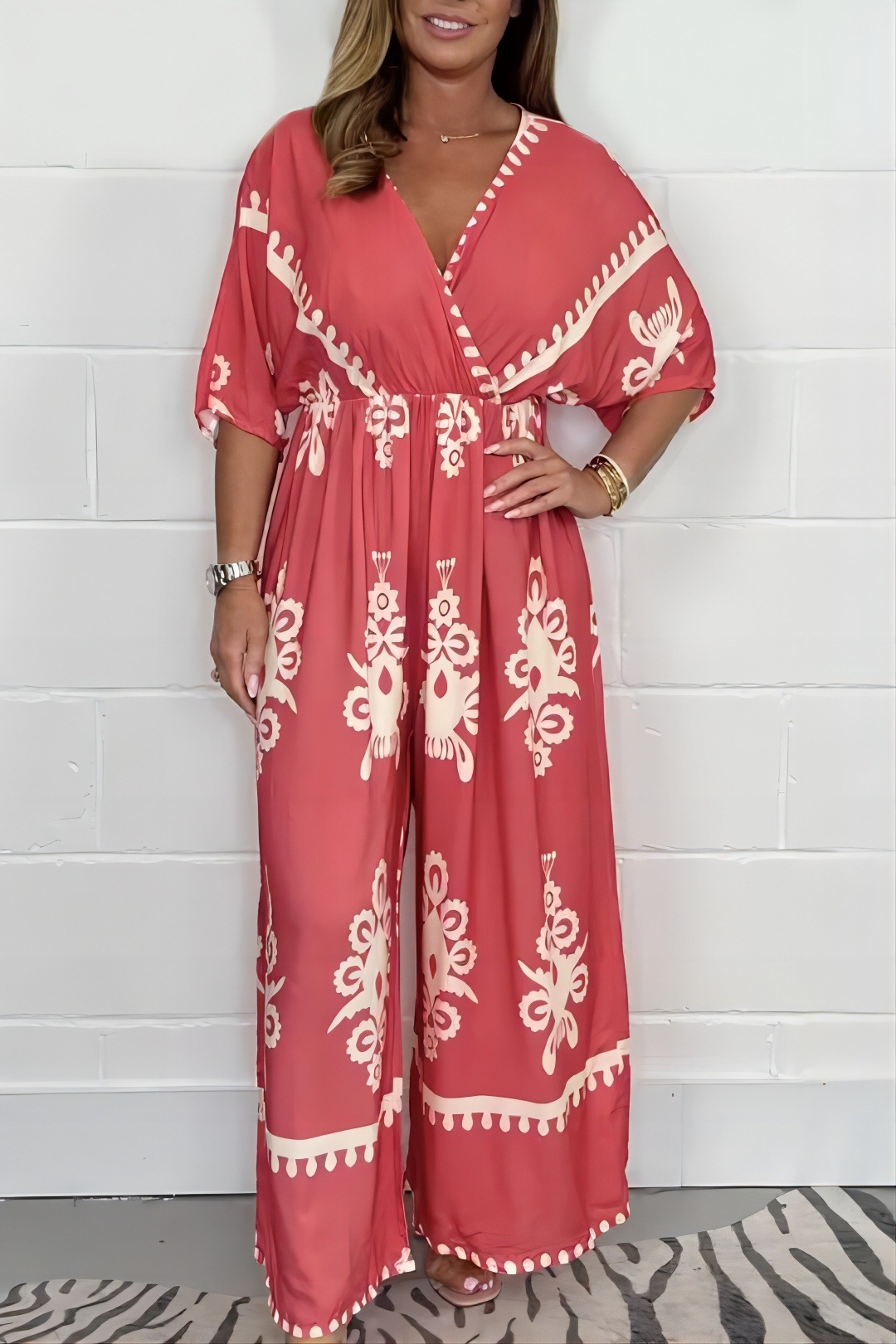 Elegant Boho V Neck Printed Wide Leg Jumpsuit (Buy 2 Free Shipping)