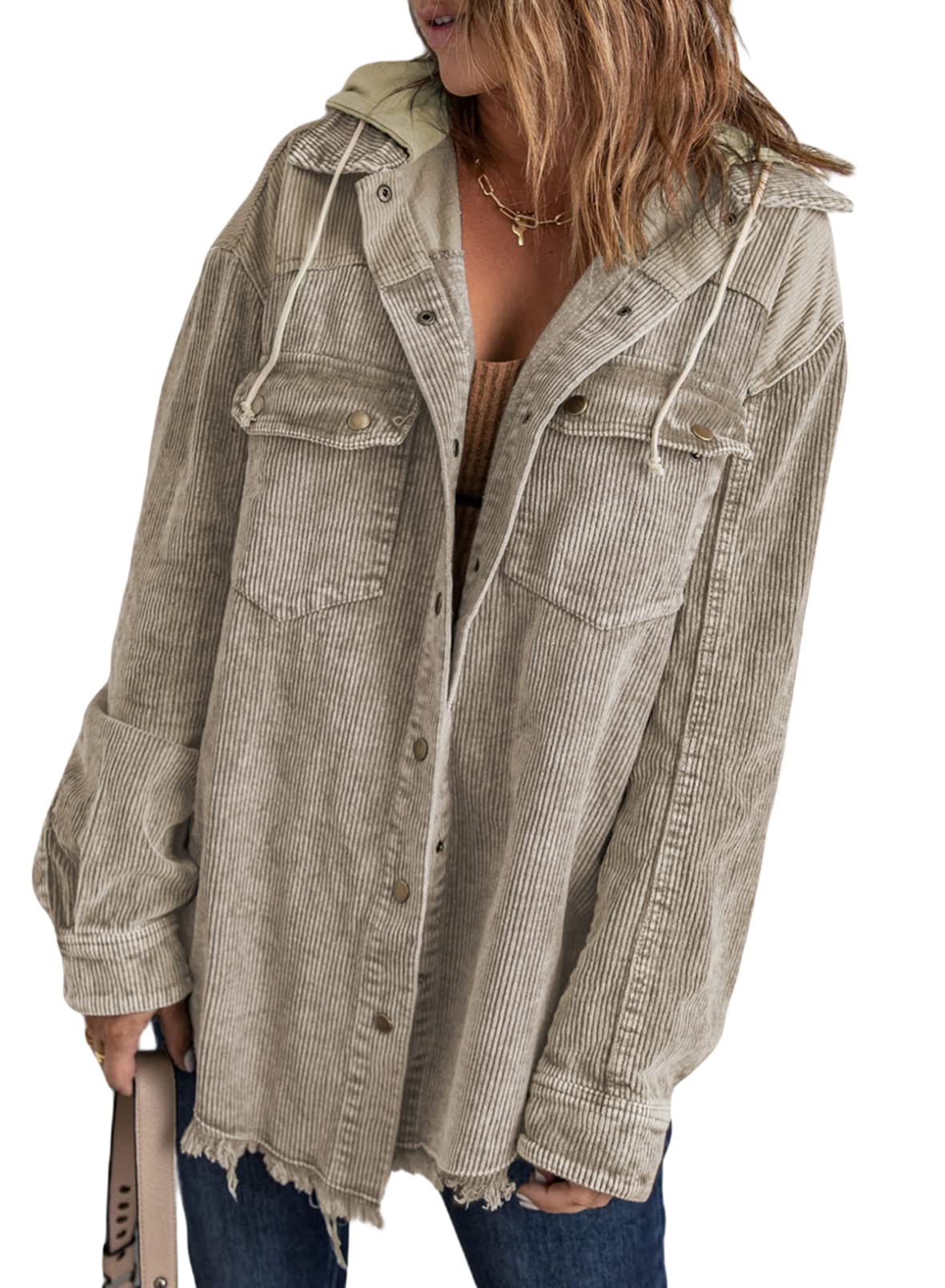 2024 Fall Long Sleeve Button Down Color Block Corduroy Hooded Jacket(BUY 2 10% OFF)