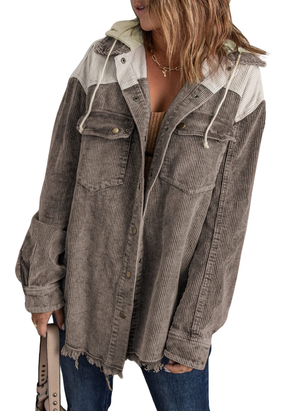 2024 Fall Long Sleeve Button Down Color Block Corduroy Hooded Jacket(BUY 2 10% OFF)