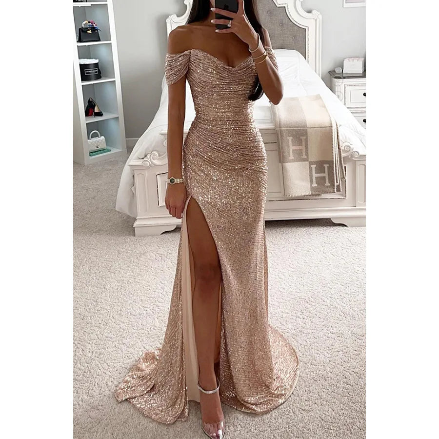 Sequin Off-Shoulder Maxi Dress Elegant Evening Glamour (Buy 2 Free Shipping)