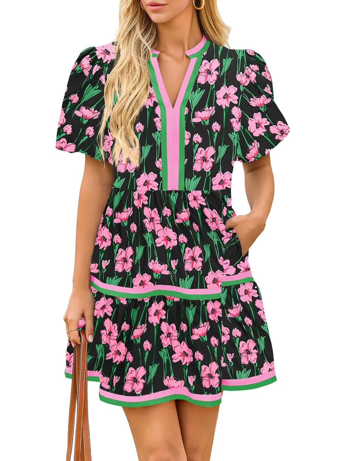 Fresh Floral Contrast Trim Puff Sleeve Tiered Mini Dress