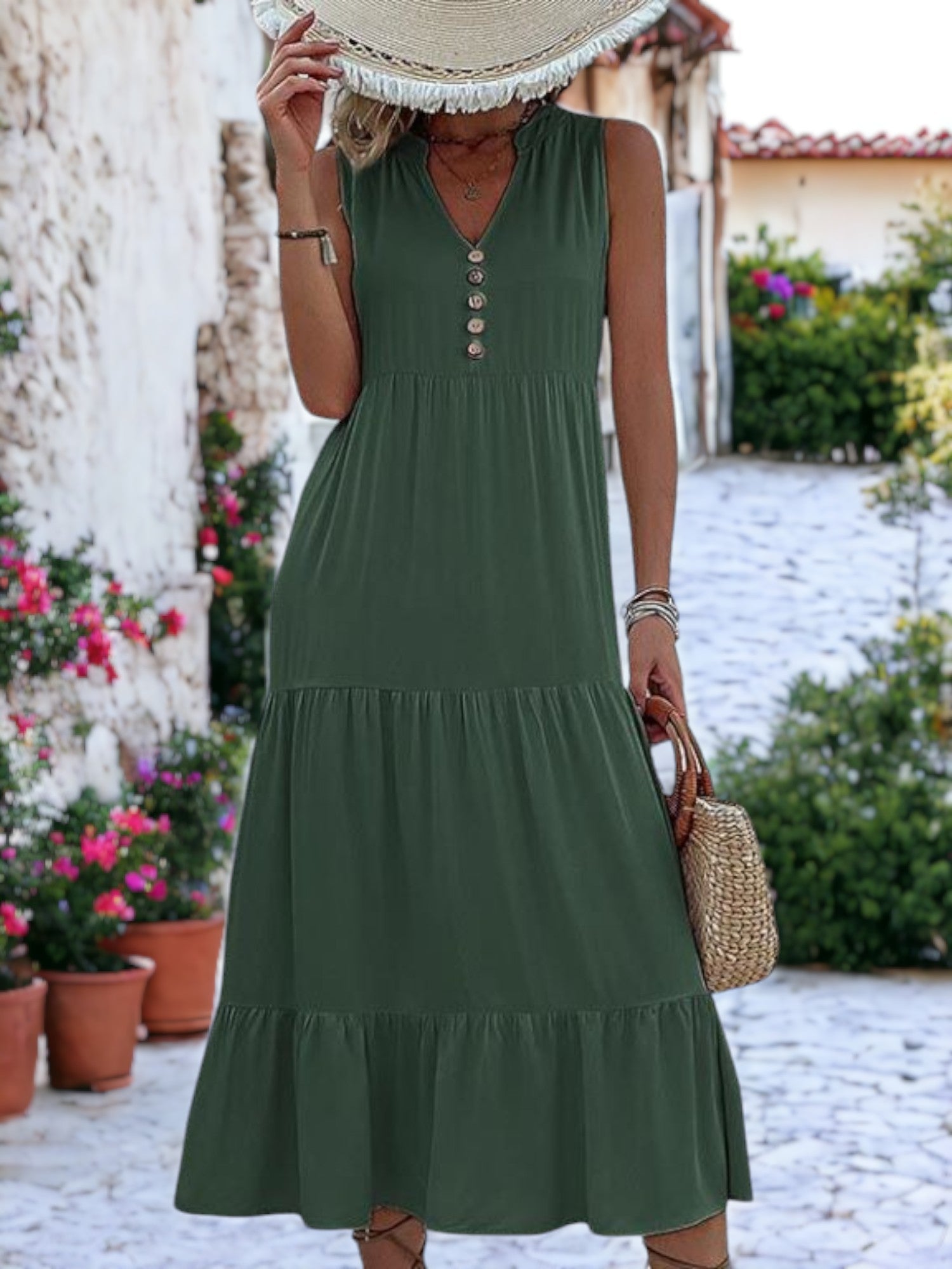 V-Neck Button Detailed Boho Midi Ruffle Dress For Women