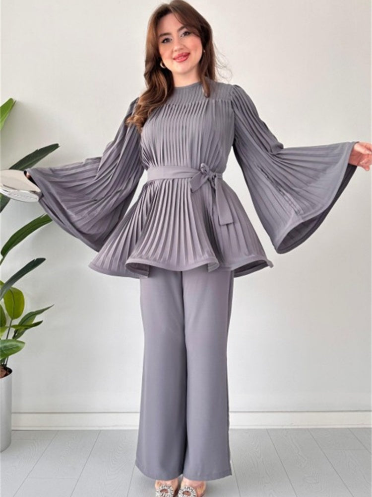 Pleated Bell Sleeve Top and Wide-Leg Pants Two Piece Set (Buy 2 Free Shipping)