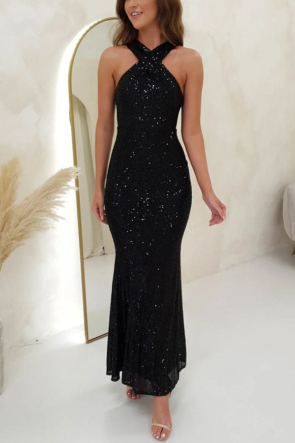 Time To Sparkle Sequin Cross Halter Neck Backless Maxi Dress (Buy 2 Free Shipping)