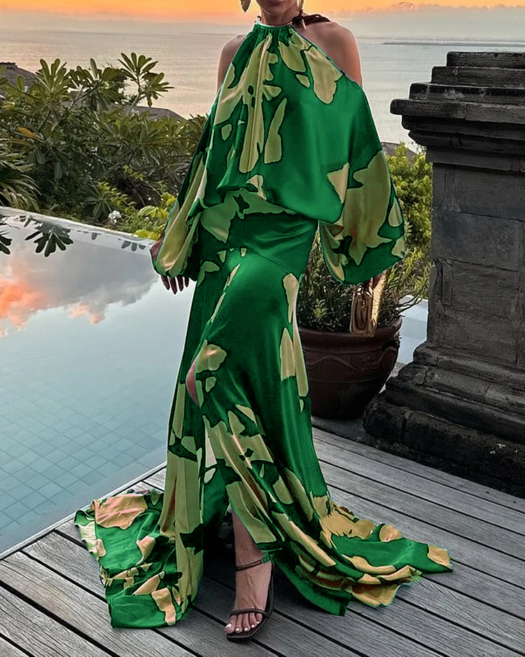 Off-the-shoulder Printed Slit Dress (Buy 2 Free Shipping)