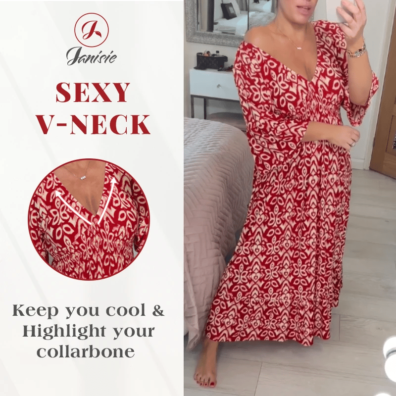 Last Day Promotion❤️Bohemian Casual Print V-neck Shirred Dress(Buy 2 Free Shipping)