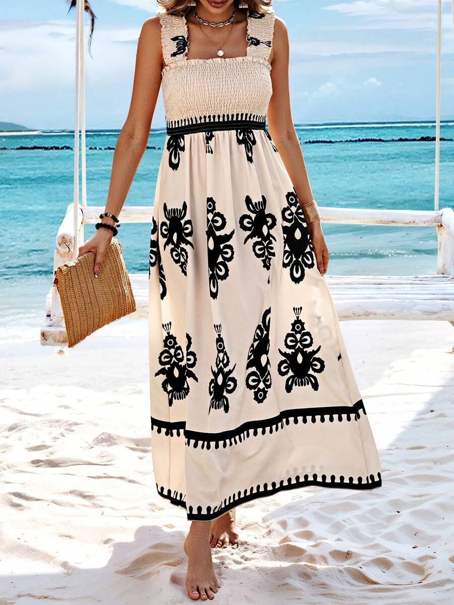 Breezy Smocked Floral Pocket Square Neck Dress