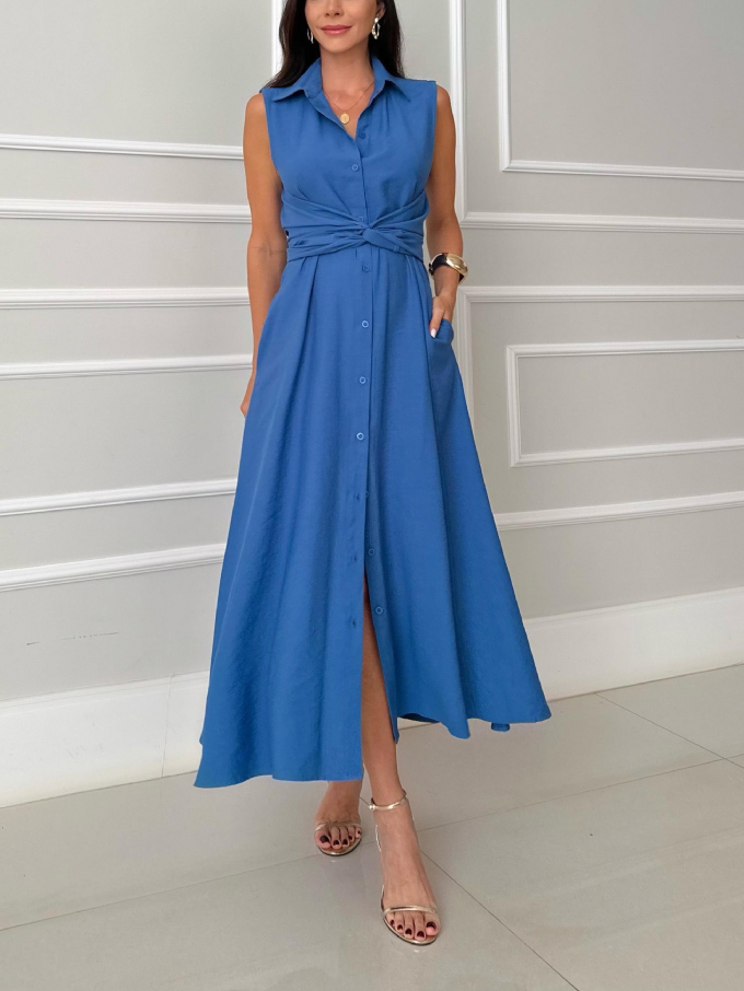 Elegant Sleeveless Tie Waist Collared Button Down Maxi Dress
