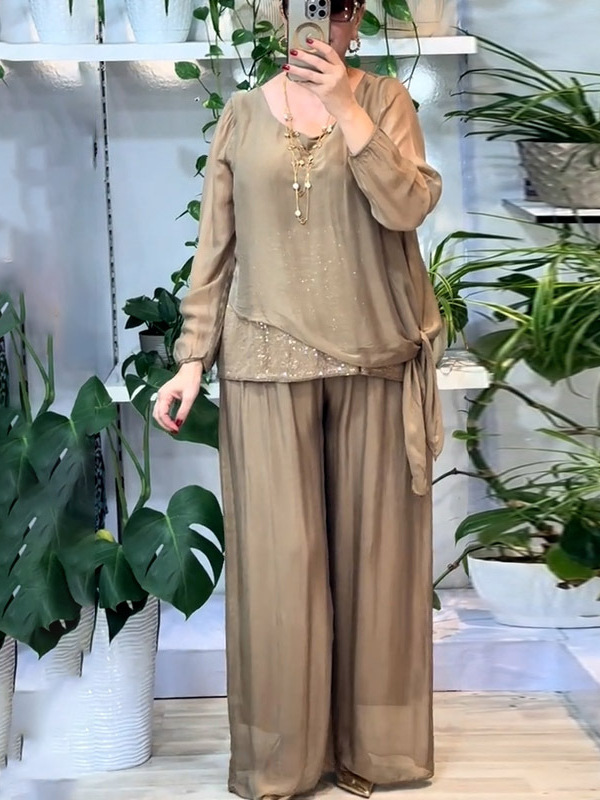 Elegant Layered Foil-Accent Wide-Leg Two-Piece Set
