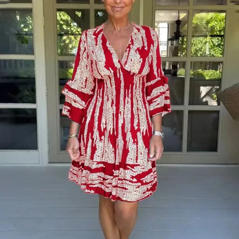 Last Day 49% OFF🔥Bell Bottom Sleeve V-Neck Printed Dress(BUY 2 FREE SHIPPING)