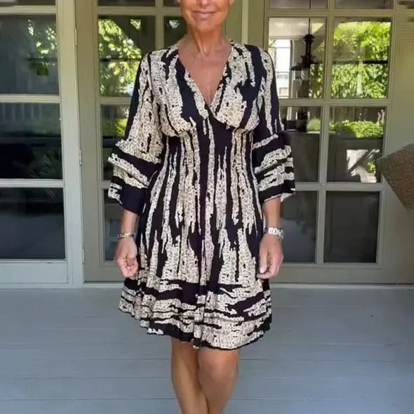 Last Day 49% OFF🔥Bell Bottom Sleeve V-Neck Printed Dress(BUY 2 FREE SHIPPING)