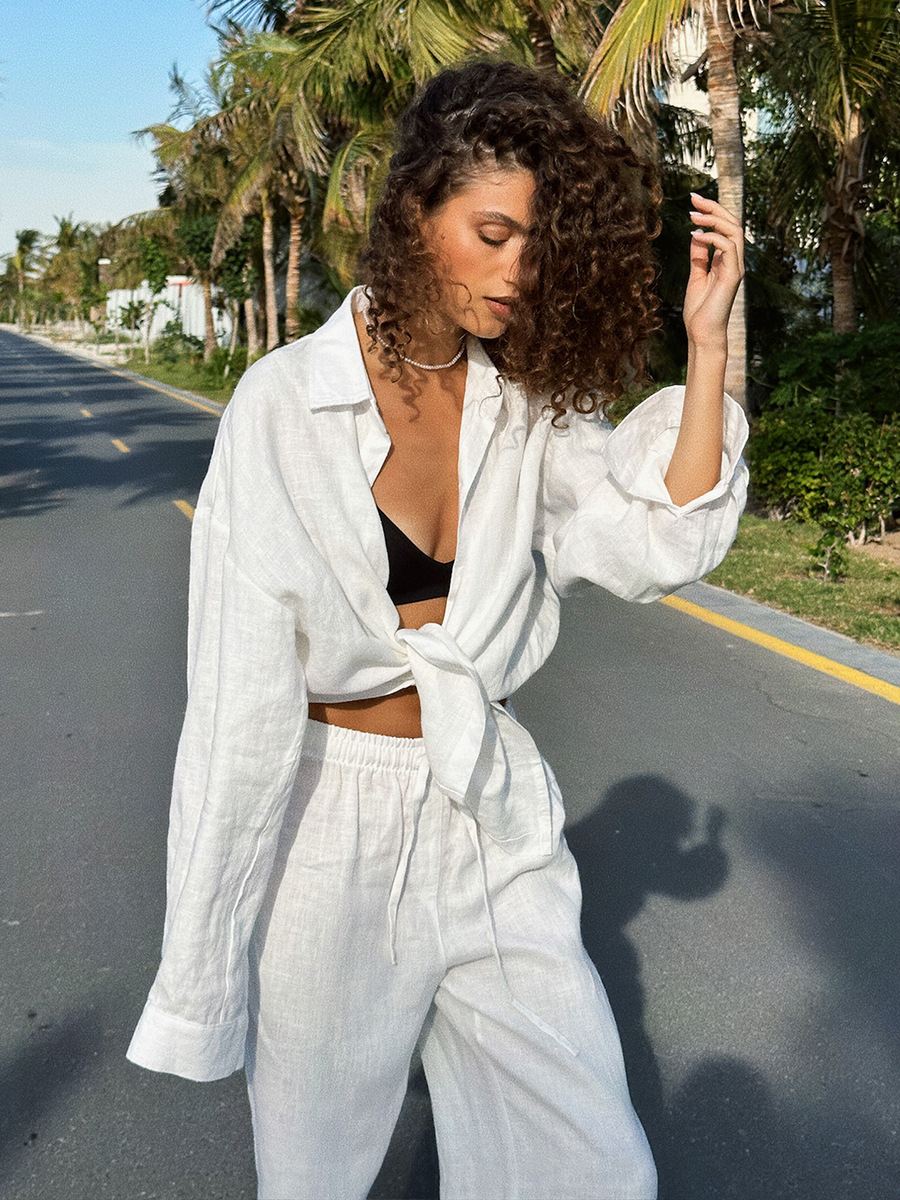 Breezy Cotton Button Shirt Wide Leg Resort Two Piece Set