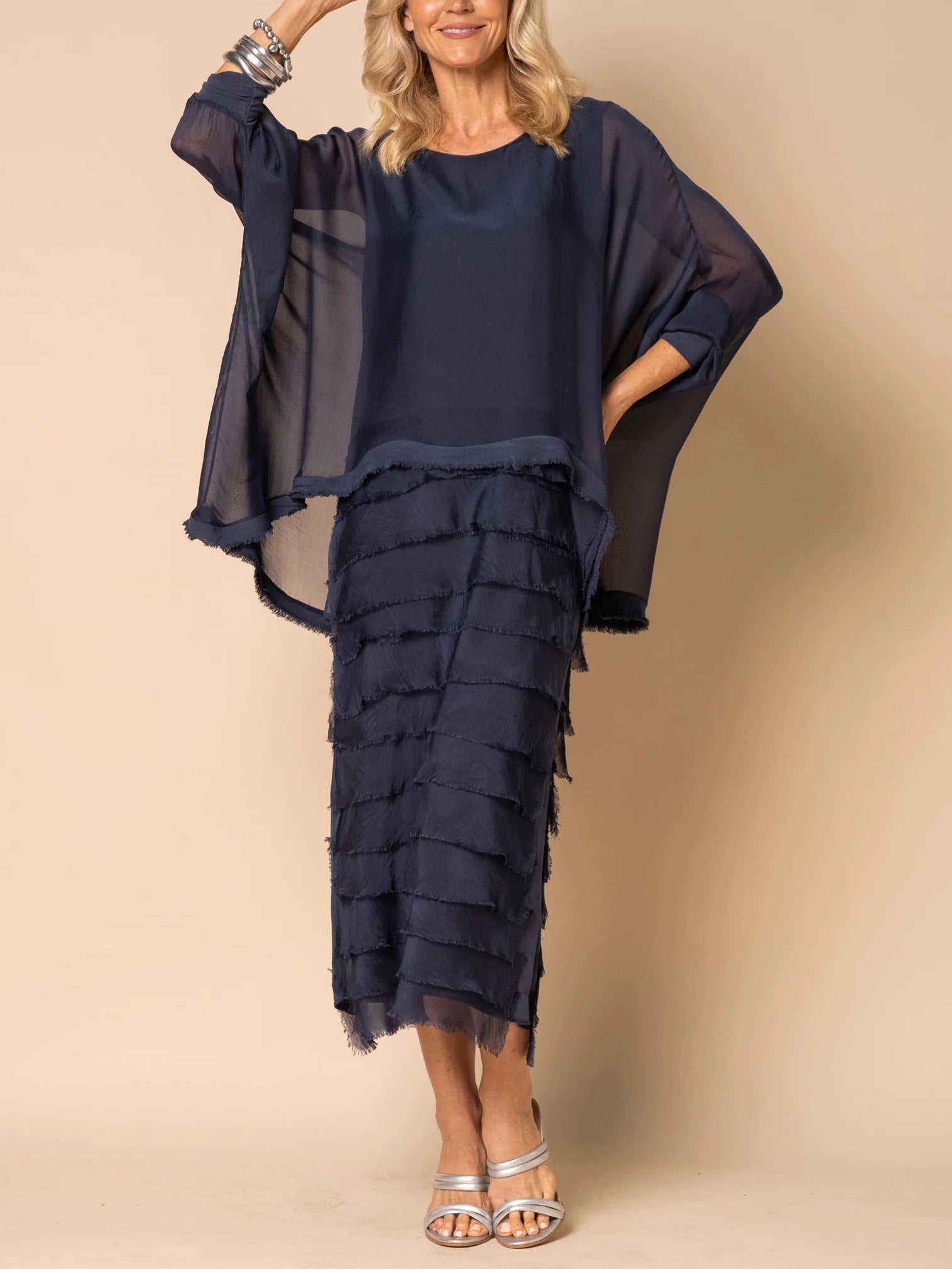 Frayed Trim Tiered Midi Dress (Buy 2 Free Shipping)