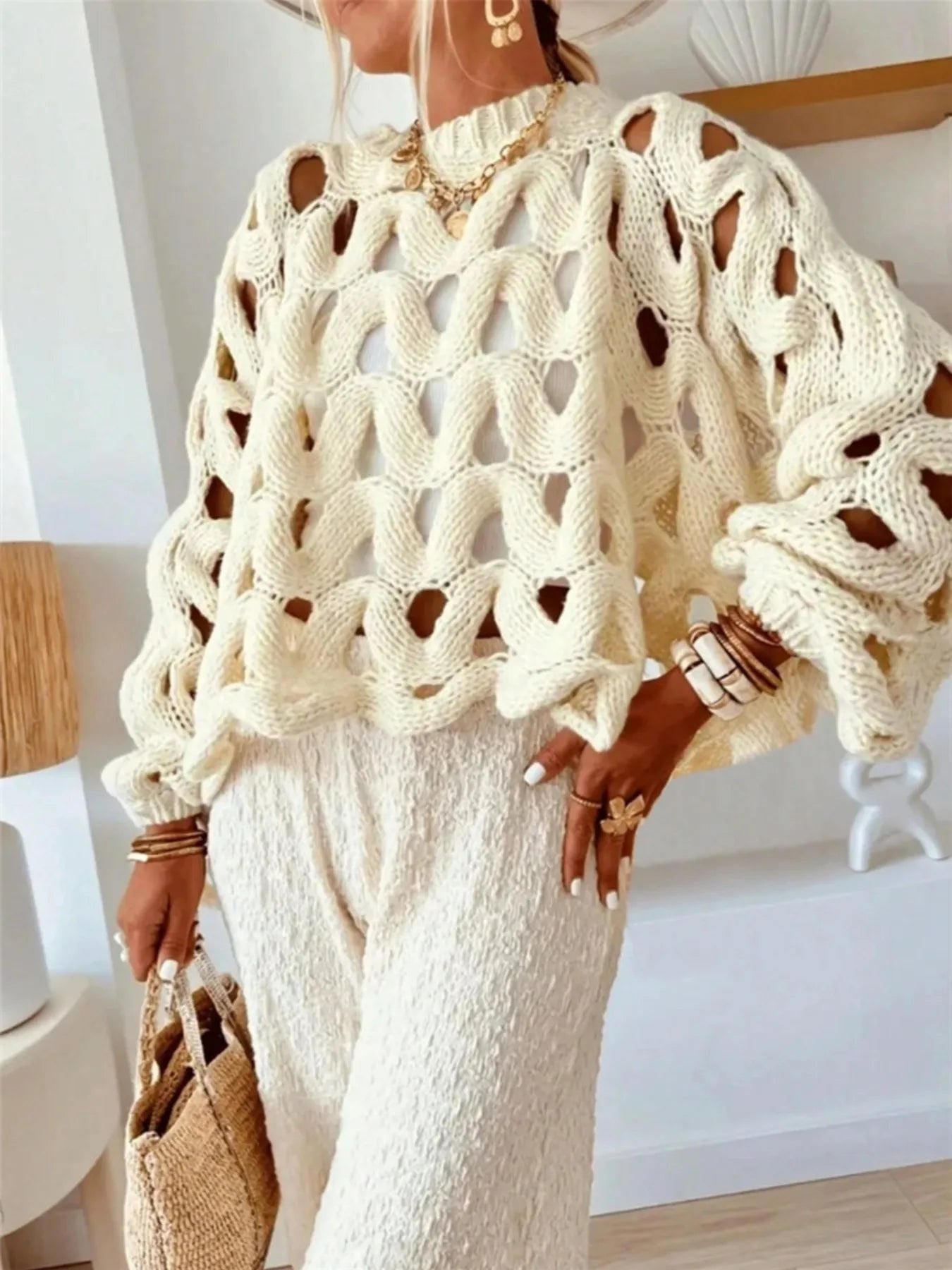 Chunky Hollow Knit Balloon Sleeve Sweater