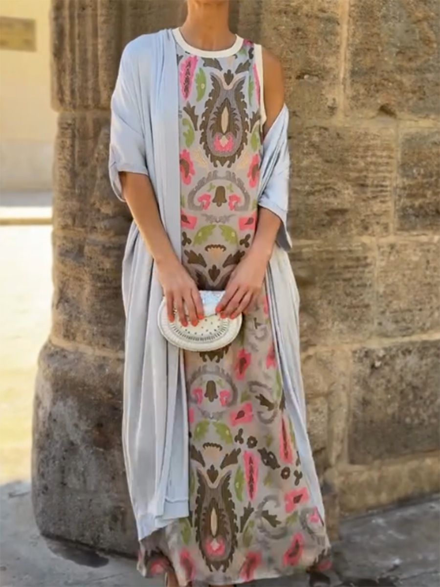 Boho Maxi Dress Set - Printed Sleeveless Dress with Light Cover-Up