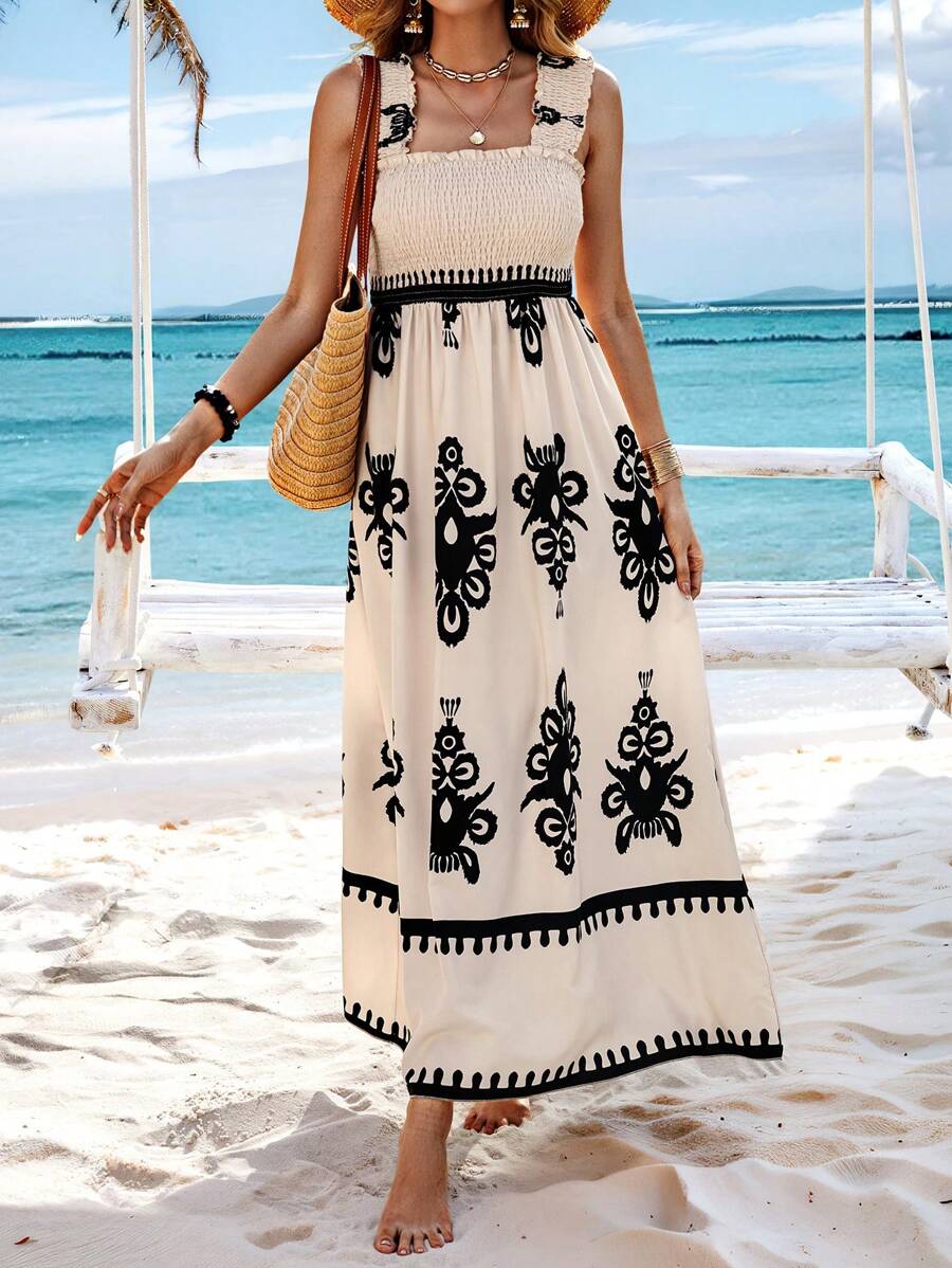 Breezy Smocked Floral Pocket Square Neck Dress