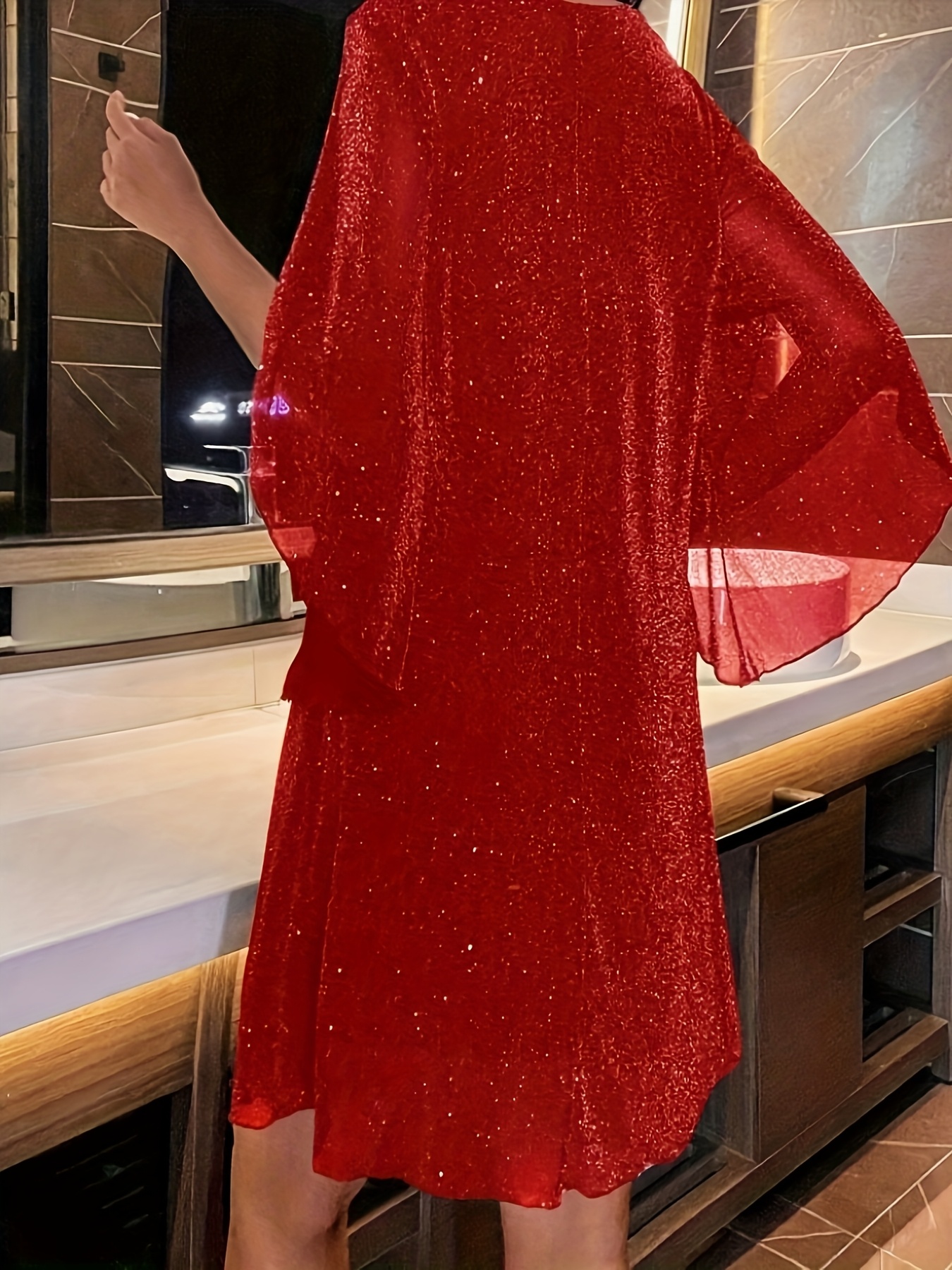 Plus Size Sparkly V-Neck Batwing Sleeve Dress (Buy 2 Free Shipping)