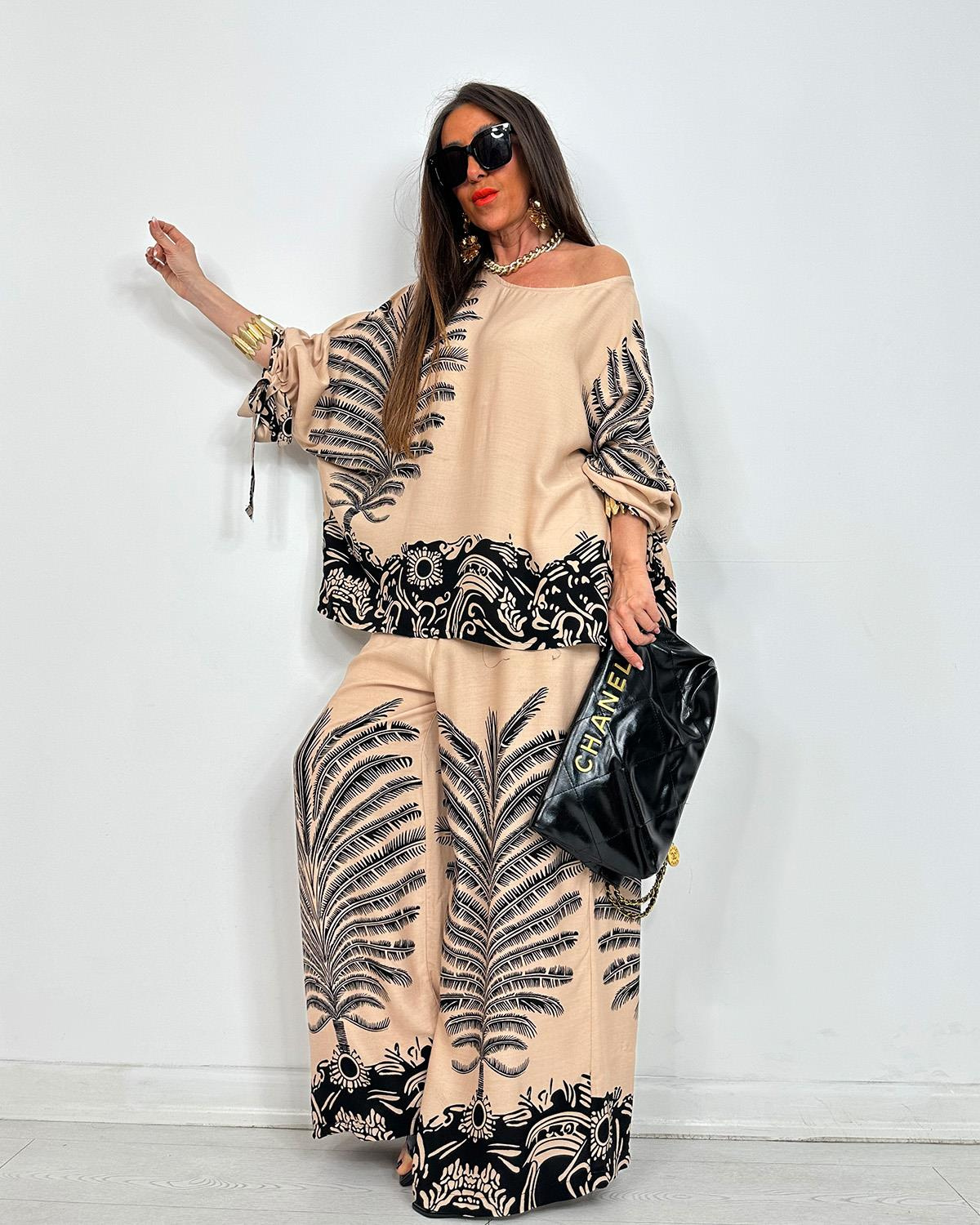 Boho Palm Print Contrast Hem Flowy Two Piece Set (Buy 2 Free Shipping)