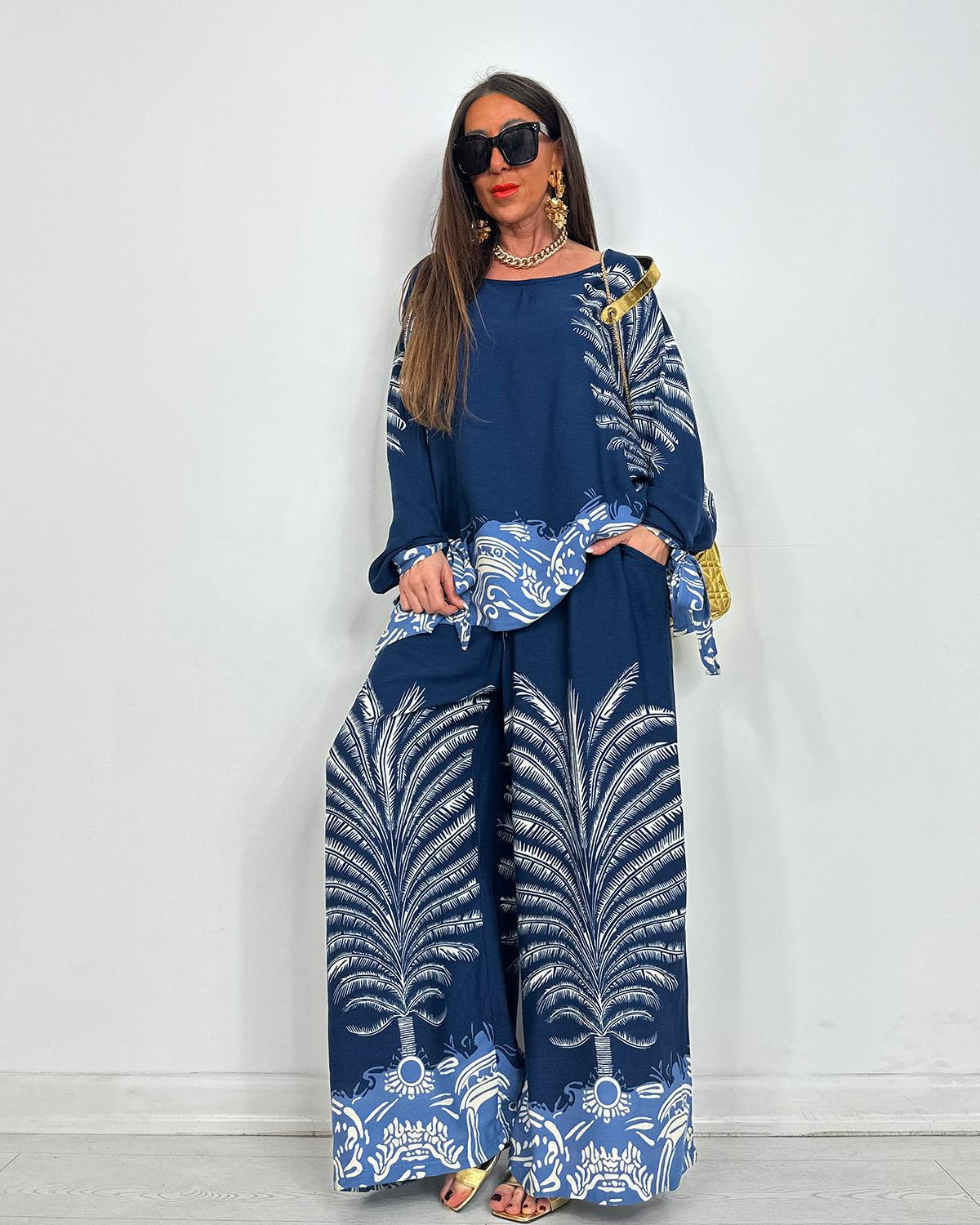 Boho Palm Print Contrast Hem Flowy Two Piece Set (Buy 2 Free Shipping)