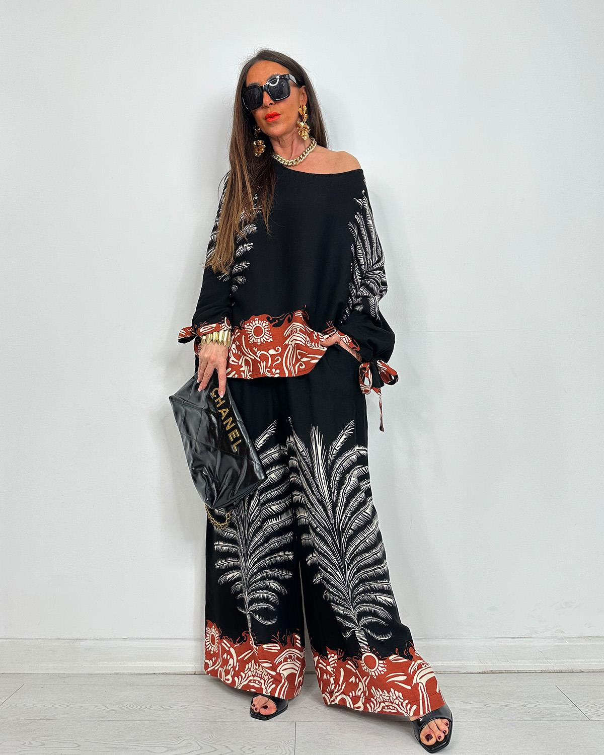 Boho Palm Print Contrast Hem Flowy Two Piece Set (Buy 2 Free Shipping)