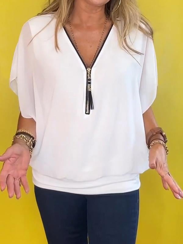 Last Day Promotion🔥Chiffon Half-zip Short-sleeved Casual Top(BUY 2 FREE SHIPPING)