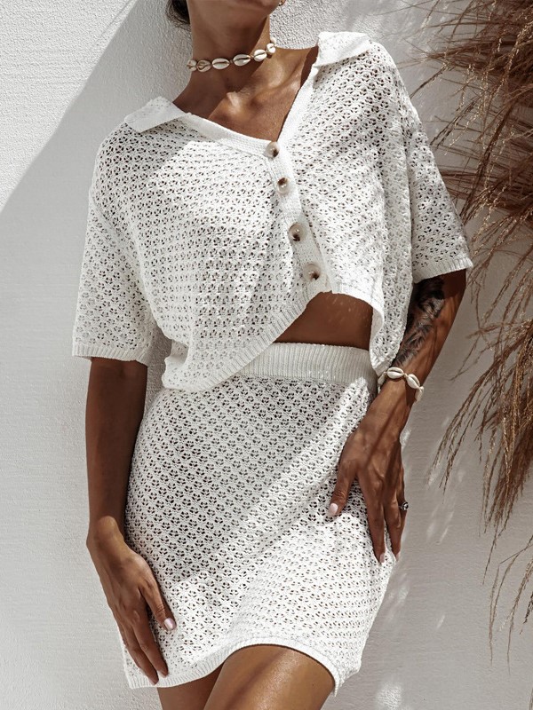 Elegant Open Knit Button Front Polo Skirt Two Piece Set