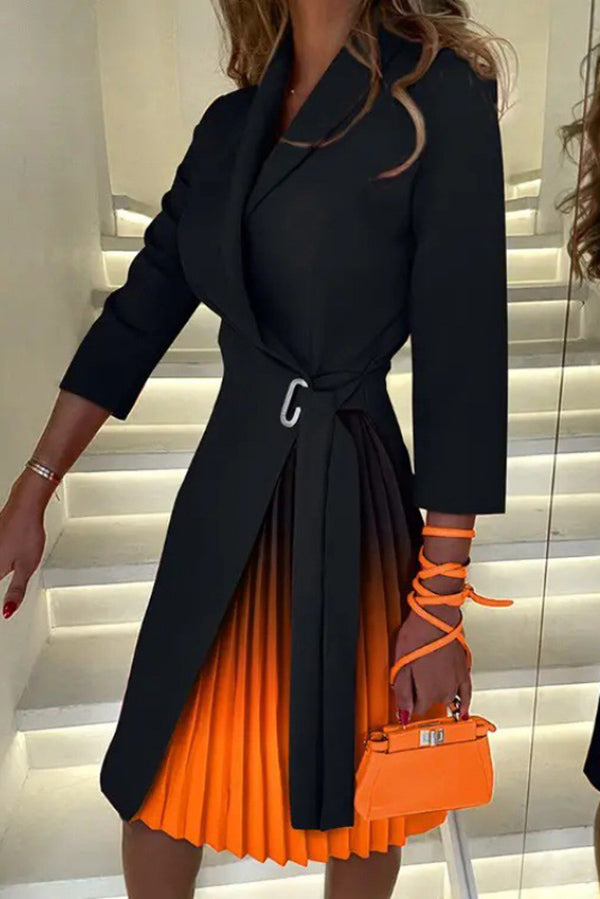 Chic Contrast Pleated Dress with Tie Waist (Buy 2 Free Shipping)