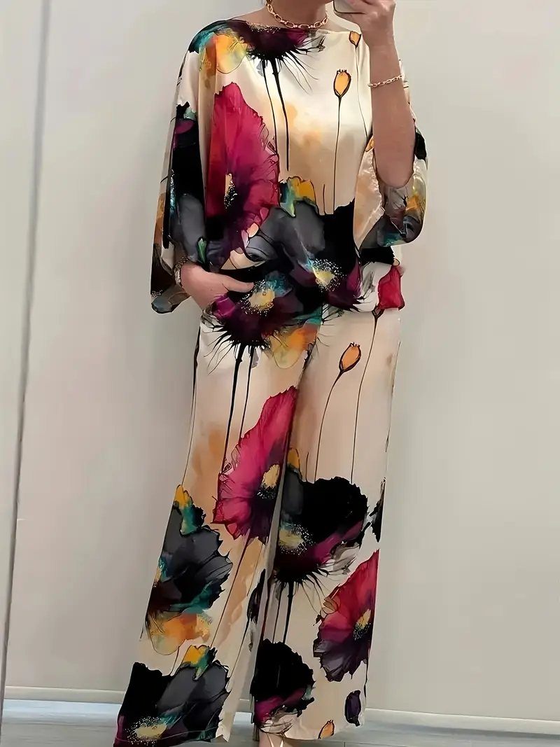 Watercolor Floral Top and Wide Leg Pants Two Piece Set