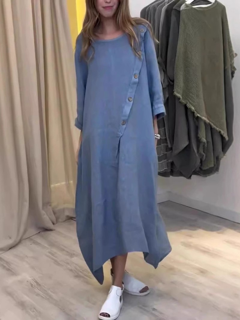 Loose Linen Cotton Asymmetric Button Dress (Buy 2 Free Shipping)