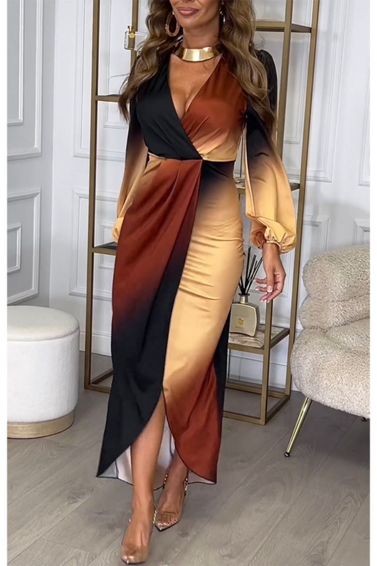 V-neck Long Sleeve Gradient Print Dress (Buy 2 Free Shipping)