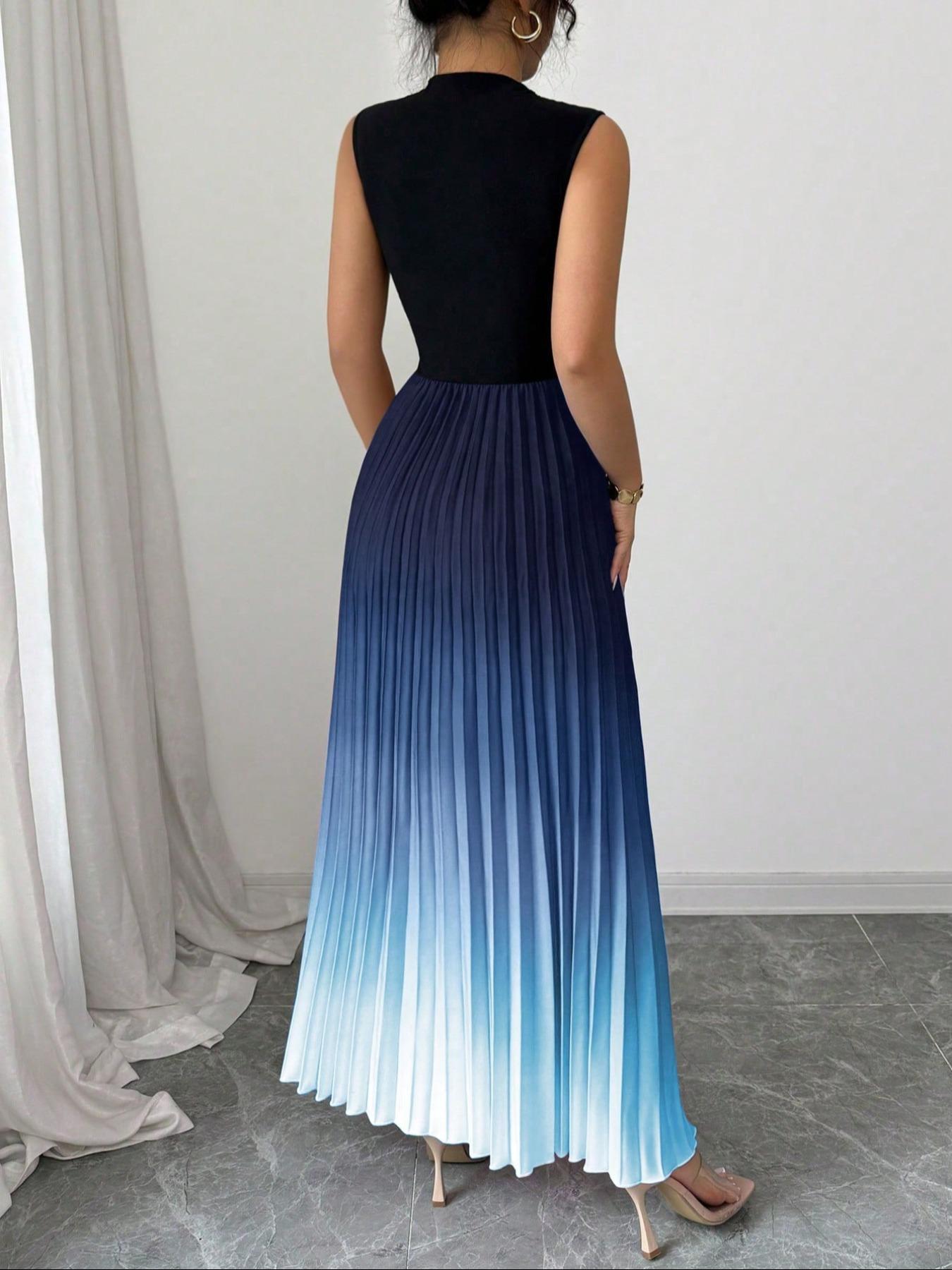 Elegant Ombre Pleated Sleeveless Maxi Dress