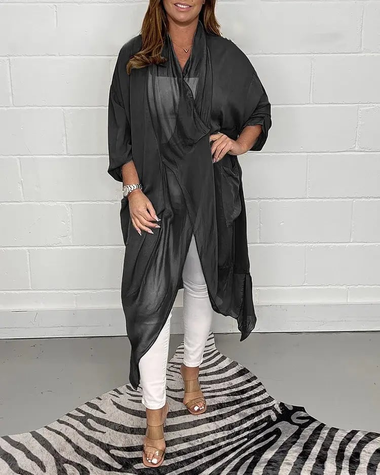 Elegant Drape Front Sheer Cardigan with Batwing Sleeves Long Outerwear